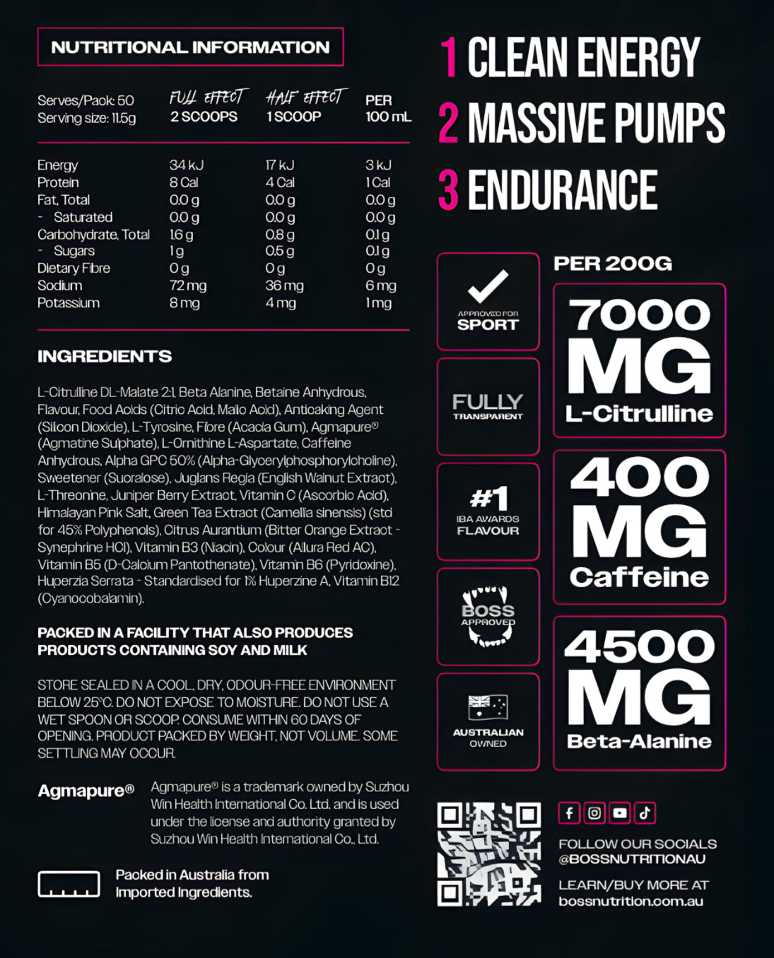 Nutritional Information for Vengeance Pre Workout by Boss Nutrition